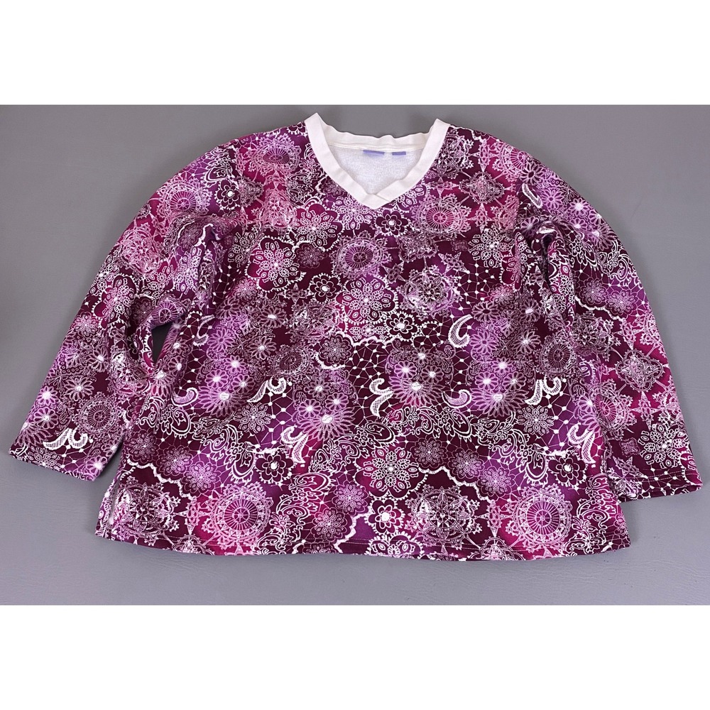 Laura Scott Sweatshirt Plus Size 1X/18W Purple Mandala Floral V-Neck Fleece